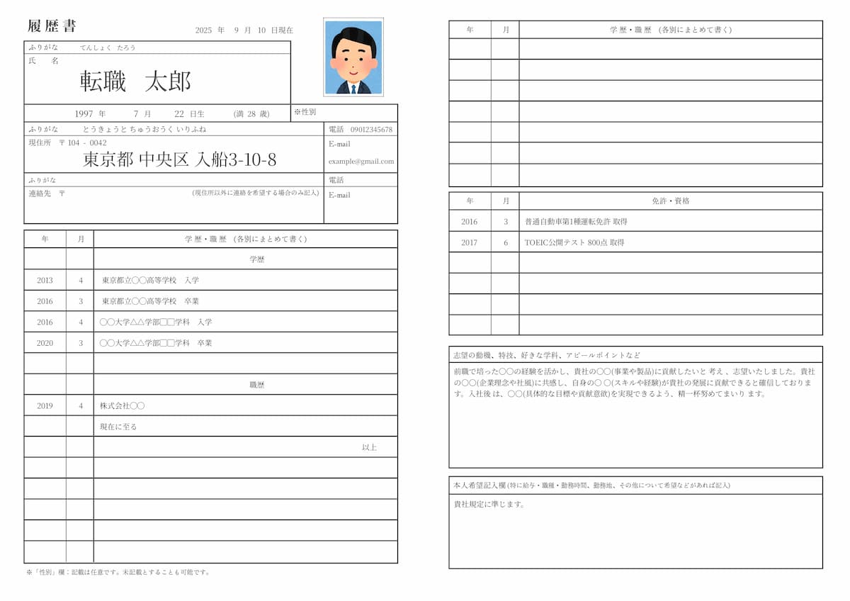 【転職用】履歴書の書き方の見本・例【全体像】